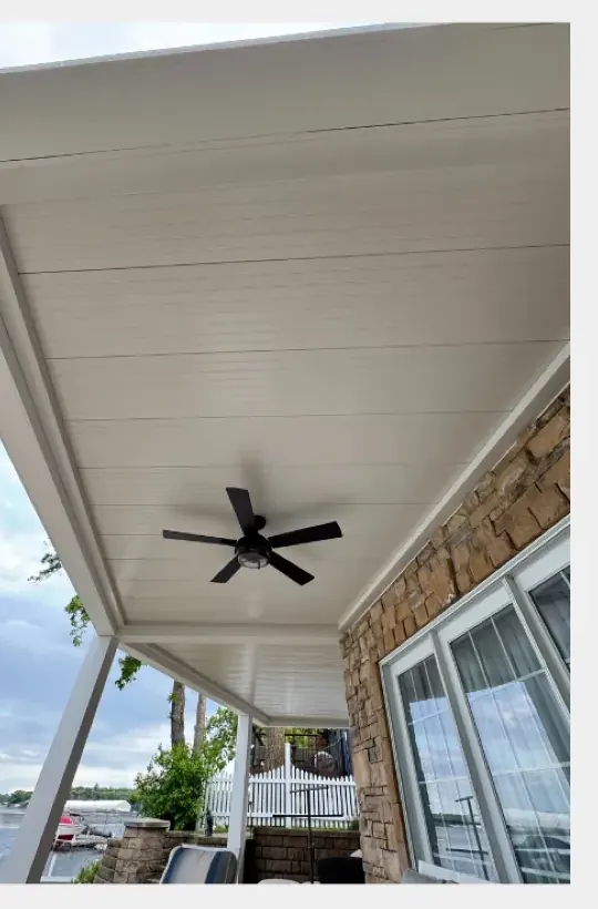 After: Beadboard Soft White underdeck ceiling, finished install in Colorado