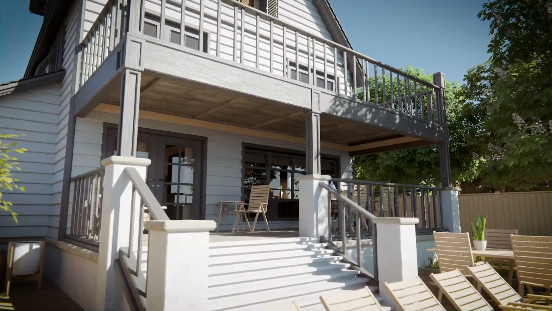 Two-story Colorado home with a finished underdeck ceiling, patio seating and deck stairs